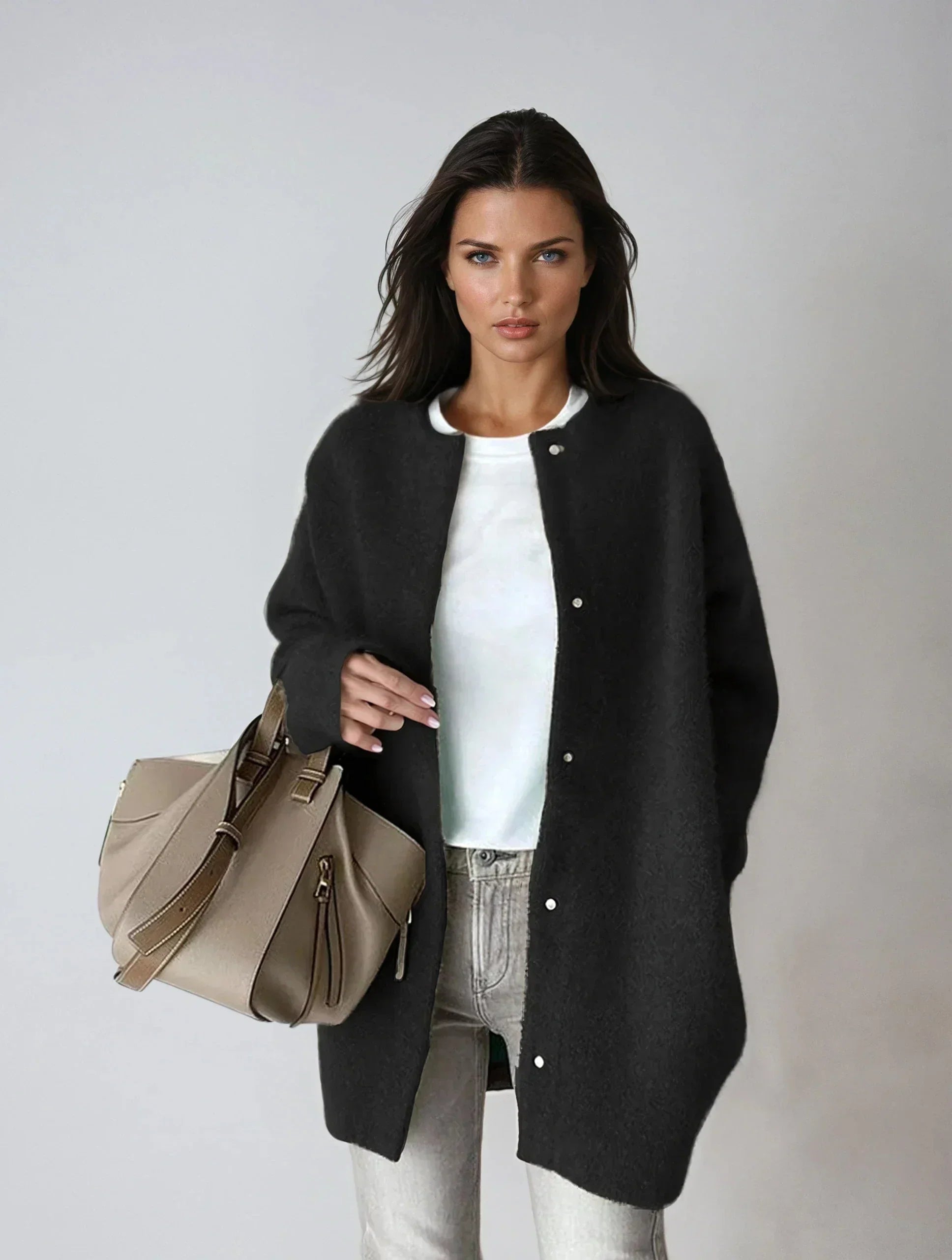Back view of women's wool blend cardigan showing relaxed fit and length