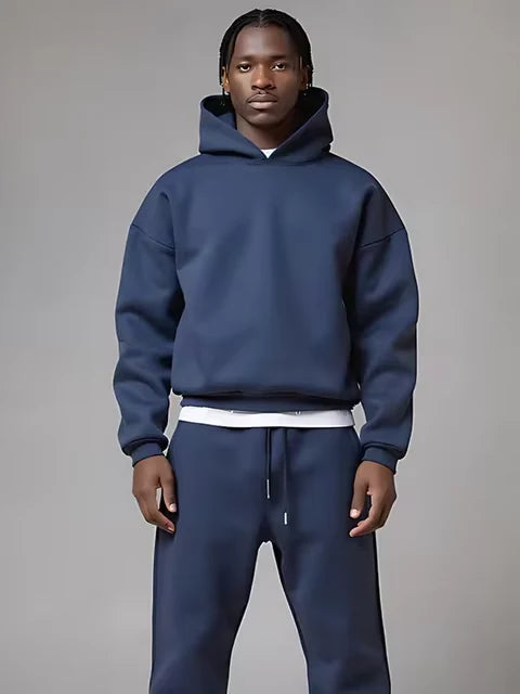 Men's oversized hoodie and joggers set in navy with relaxed fit and drawstring details