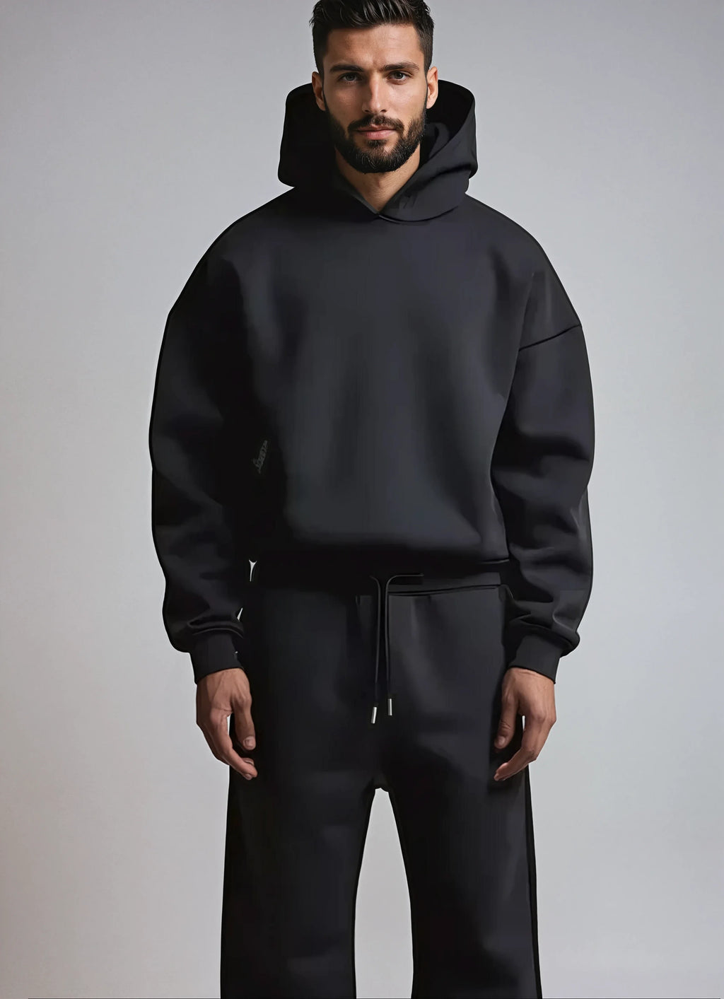 Oversized men's hoodie and joggers set styled with white trainers for casual wear