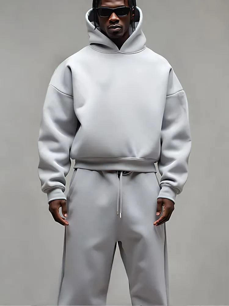 Navy fleece tracksuit set with adjustable drawstring hood and waist for men