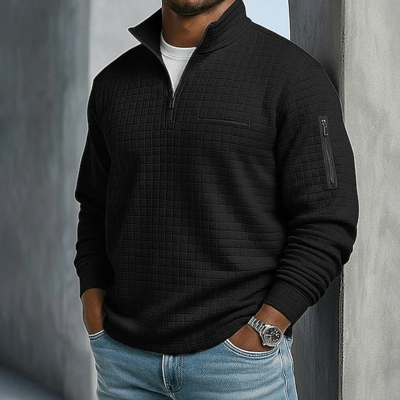 Men's orange quilted sweatshirt with functional zip pockets and ribbed sleeve cuffs