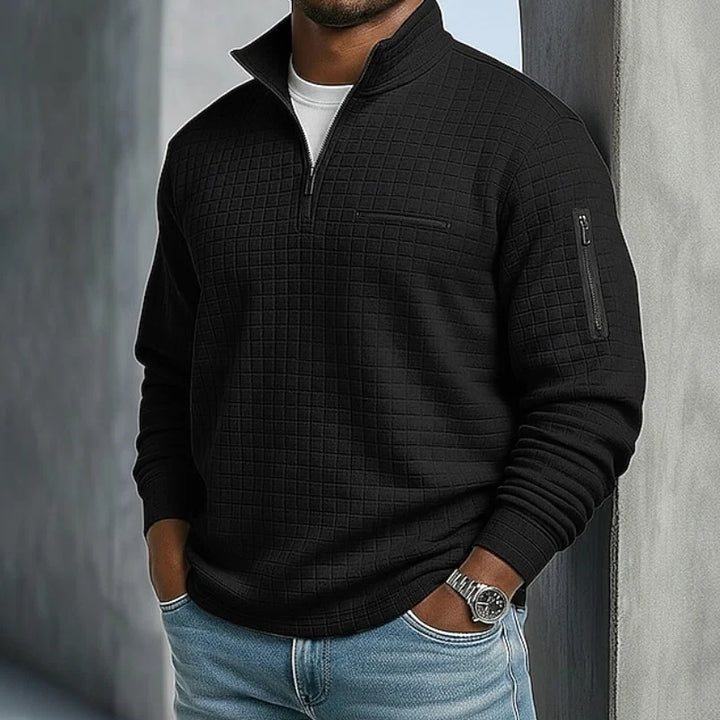 Men's orange quilted sweatshirt with functional zip pockets and ribbed sleeve cuffs