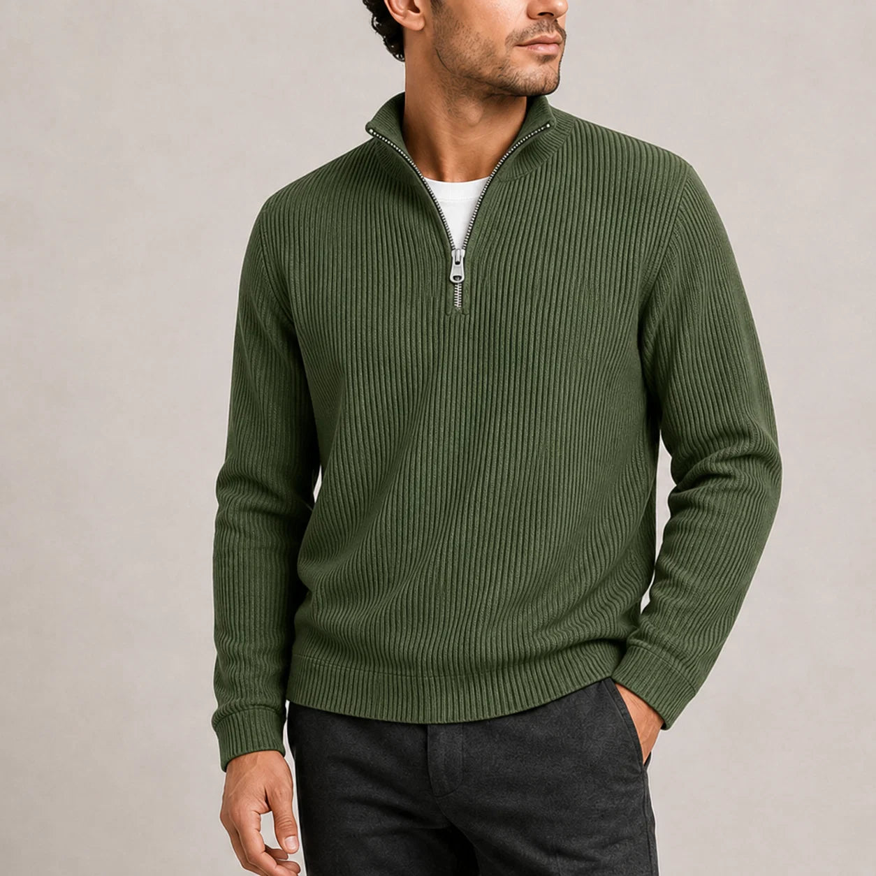 Men's ribbed quarter-zip jumper in olive green with stand collar and textured knit construction
