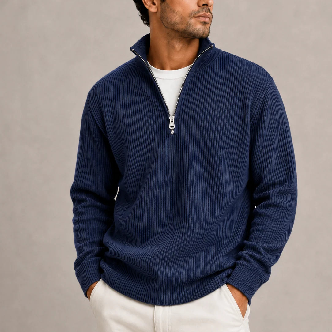 Close-up of ribbed knit texture and quarter-zip fastening on men's jumper