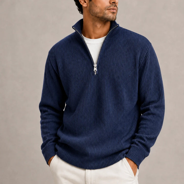 Close-up of ribbed knit texture and quarter-zip fastening on men's jumper