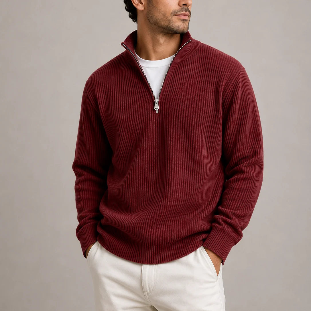 Back view of men's ribbed quarter-zip jumper showing consistent knit pattern