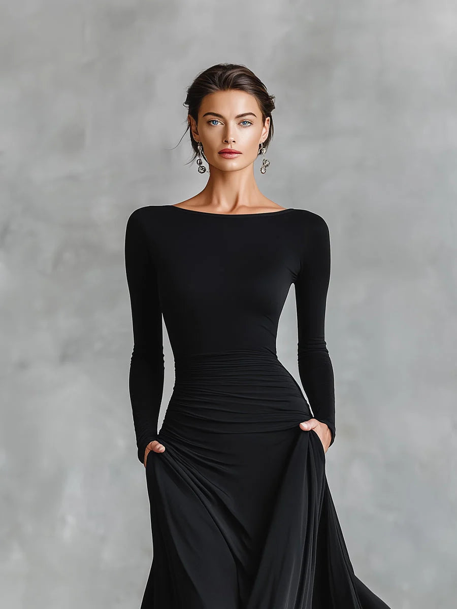 Back view of long sleeve maxi dress with boat neckline and elegant silhouette
