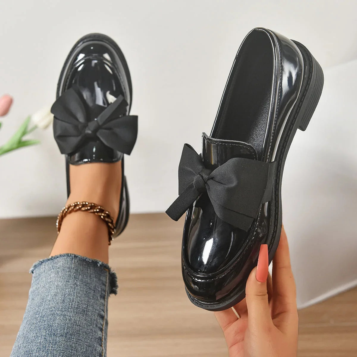 Women's block heel loafers with rounded toe box and slip-on construction