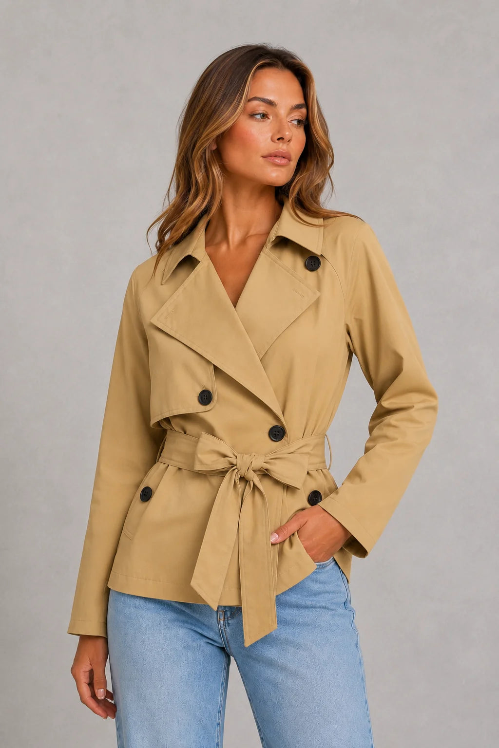 Close-up of cropped trench jacket showing wide lapel collar and button fastening detail on beige fabric