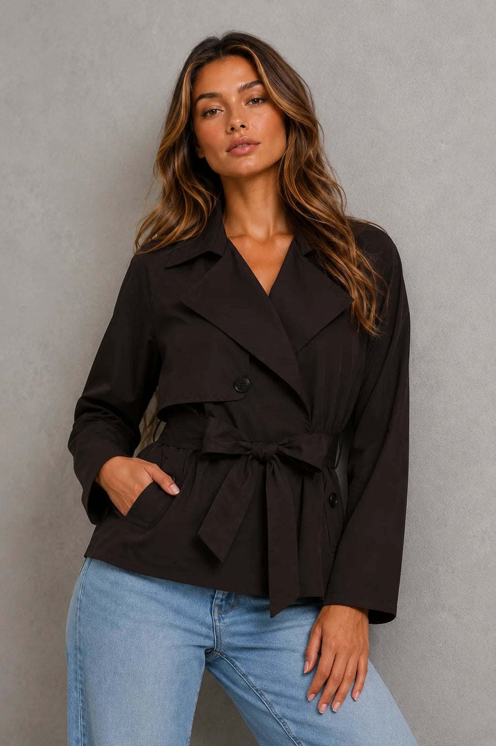 Side view of women's cropped trench jacket highlighting tailored silhouette and adjustable waist tie styling