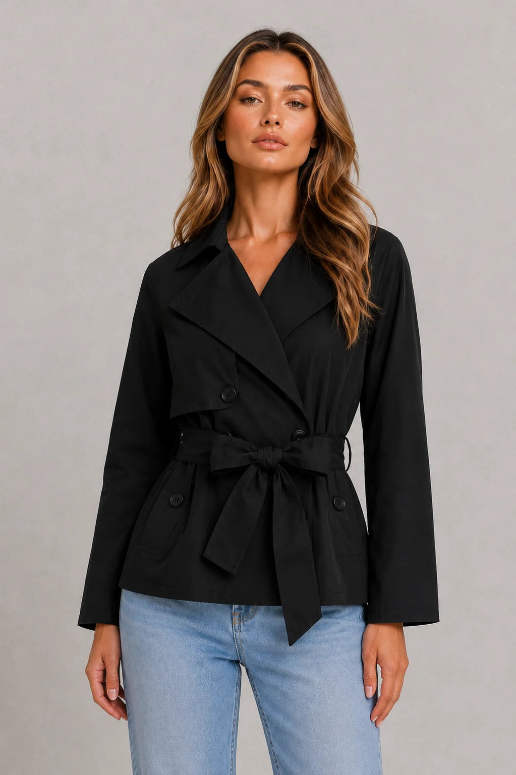Full-length view of beige cropped trench jacket demonstrating double-breasted design and tailored construction