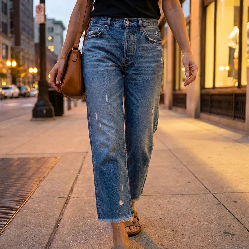 Front view of cropped wide-leg jeans showing relaxed fit and button-fly closure