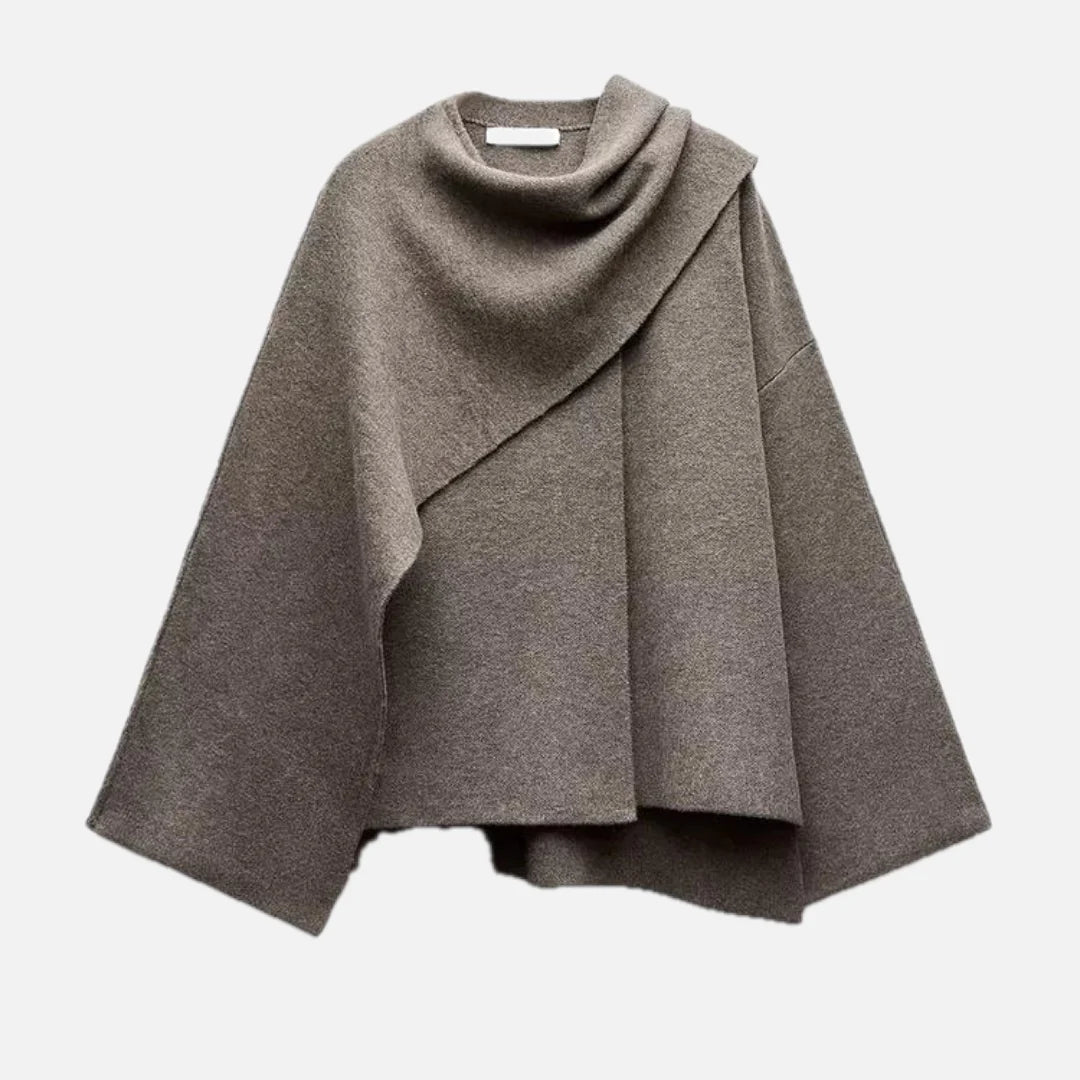 Women's oversized wrap coat in taupe with draped cowl neckline and wide sleeves on white background