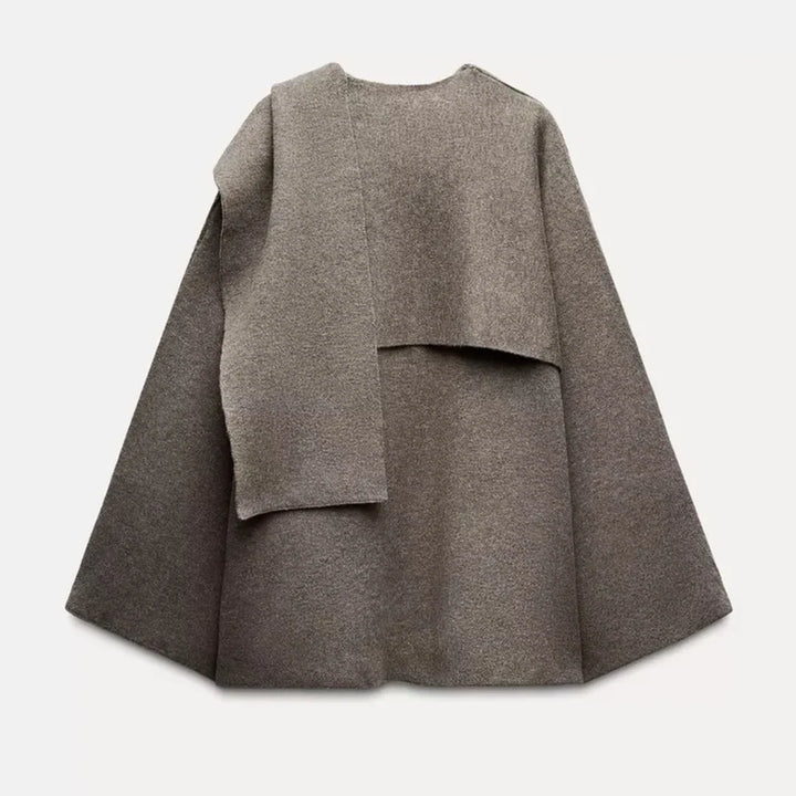 Taupe wrap coat with textured fabric and fluid silhouette for autumn layering