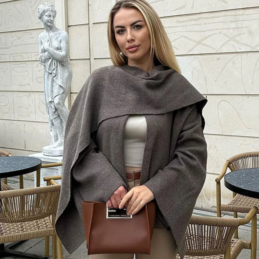 Women's draped coat with cowl neckline and wide sleeves in neutral tone