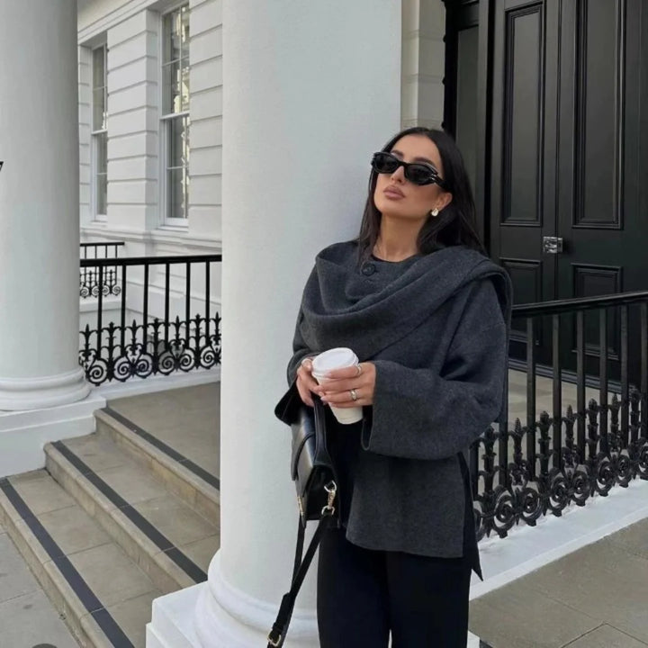 Oversized coat in neutral tone with cowl neck and open front design