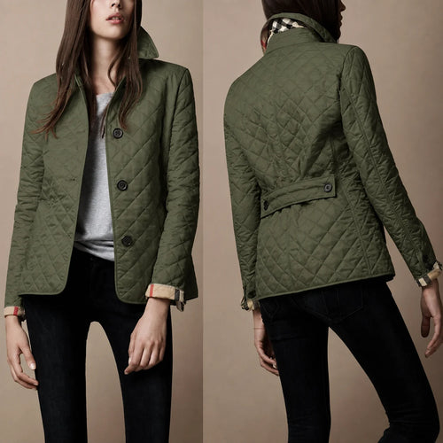 Front view of women's quilted jacket in olive green with diamond stitching and button closure