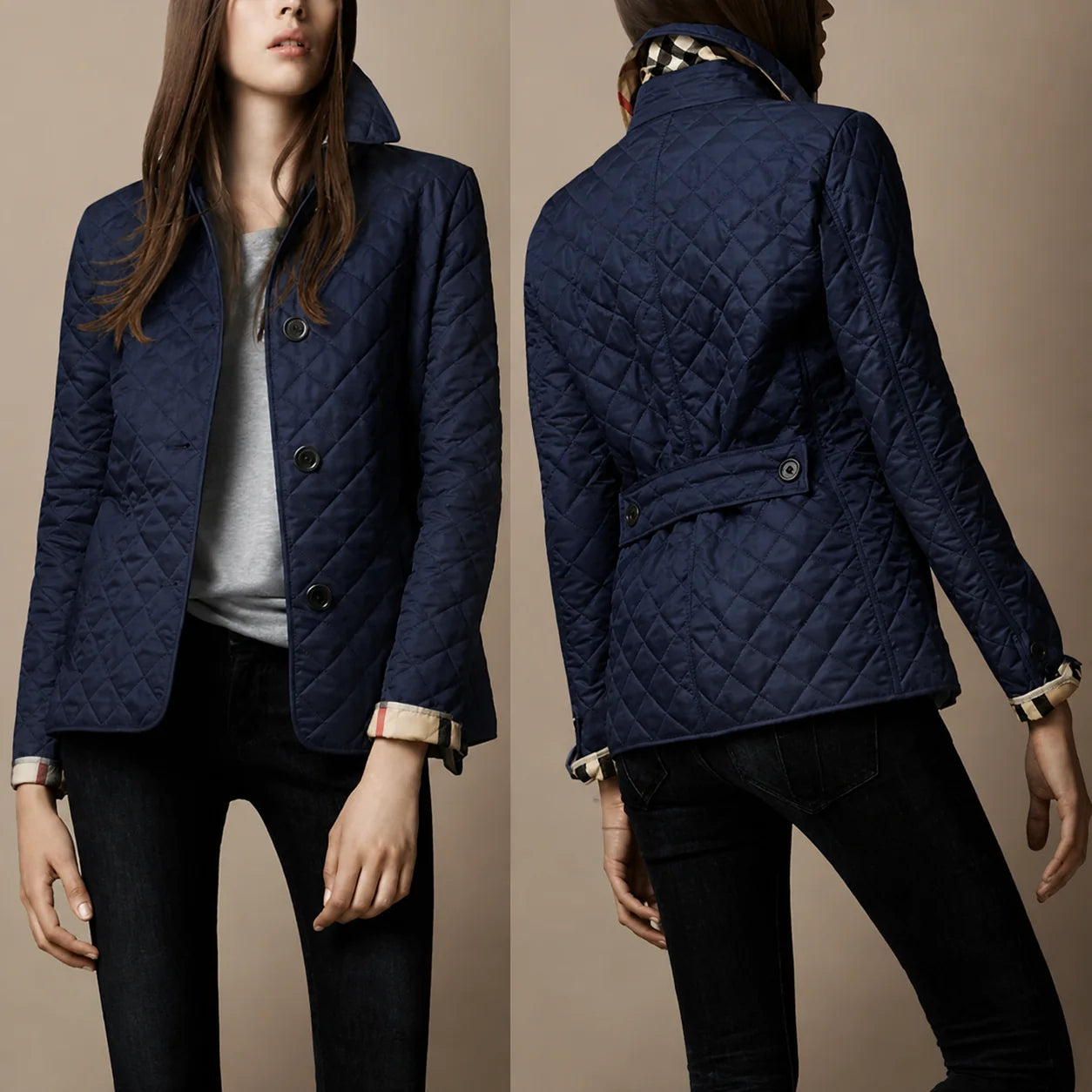 Side angle of women's quilted jacket with structured collar and tailored fit