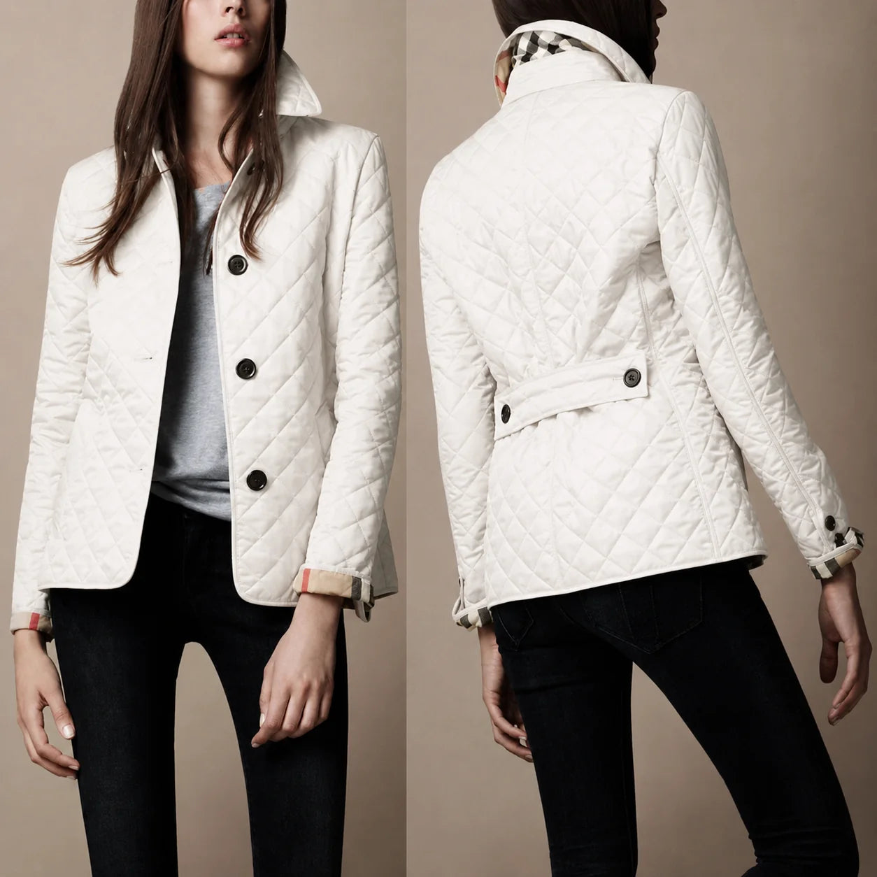 Detail view of women's quilted jacket showing button closure and quilted texture