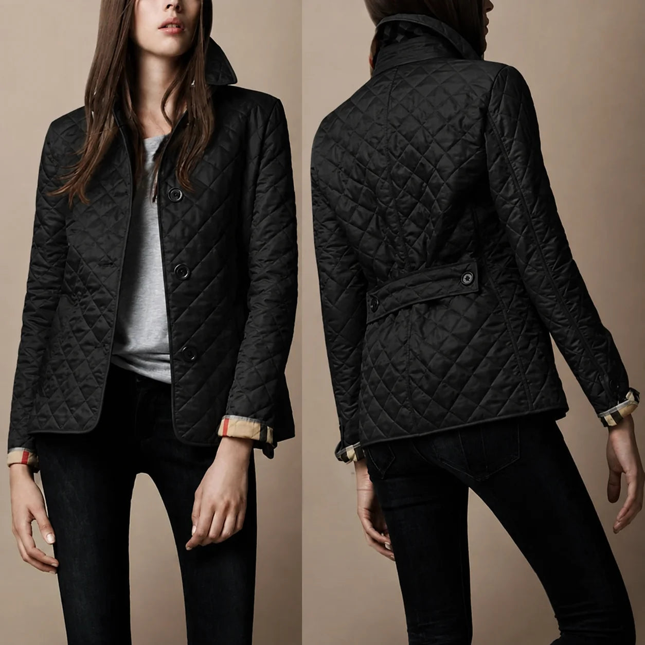 Women's quilted jacket worn with casual trousers showing fitted hip-length cut