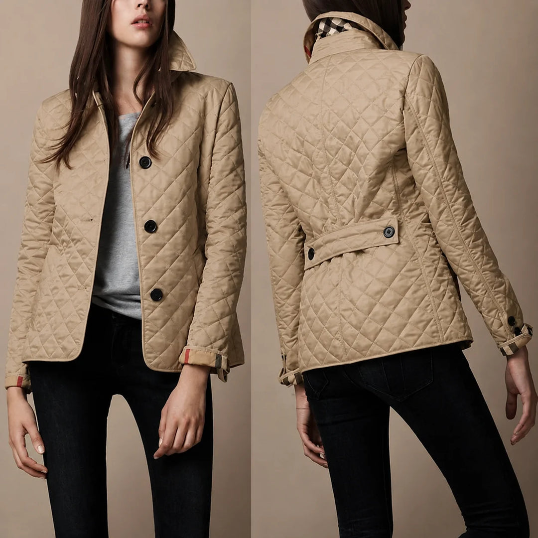 Close-up of women's quilted jacket collar and diamond-stitched quilting pattern