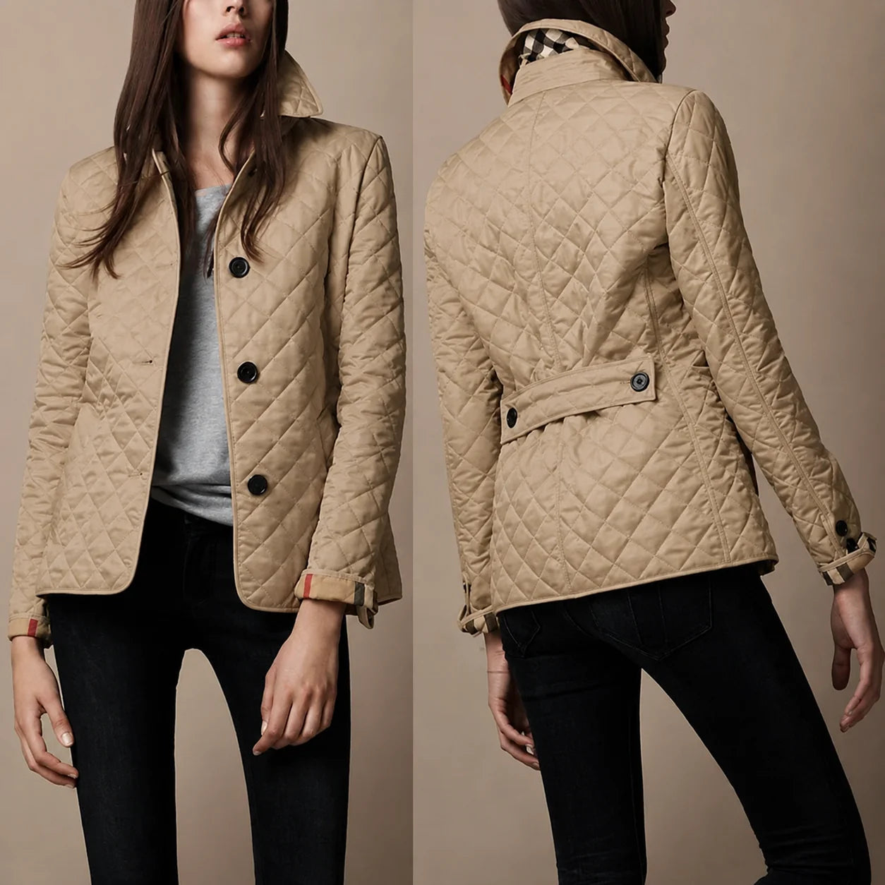 Close-up of women's quilted jacket collar and diamond-stitched quilting pattern