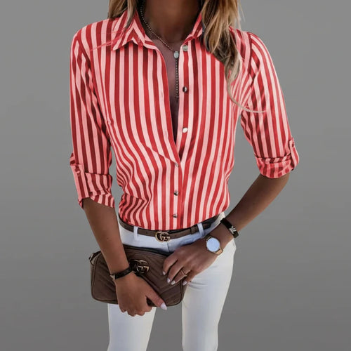 Close-up view of women's striped shirt showing button-front closure and structured collar detail with vertical stripe pattern
