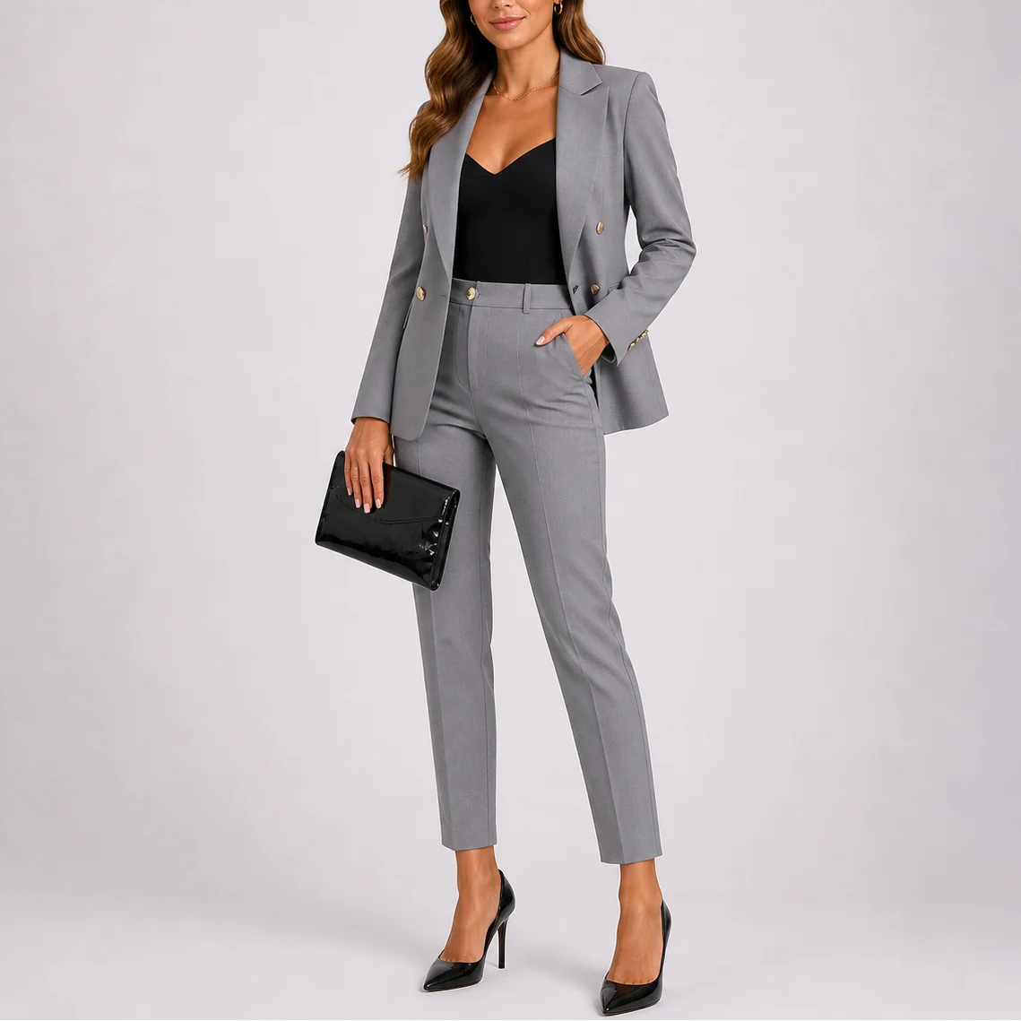 Women's tailored suit set with grey double-breasted blazer and matching slim-fit trousers styled with black heels