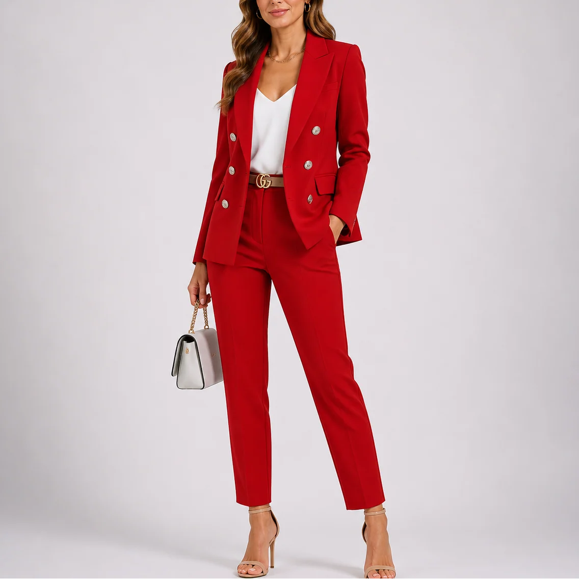 Close-up view of women's grey tailored blazer showing gold-tone button detailing and notch lapel collar