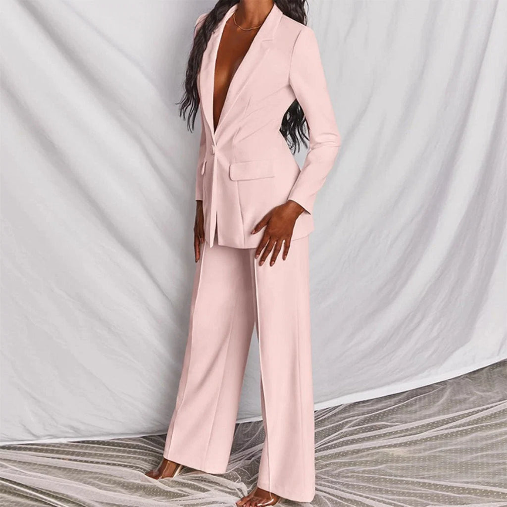 Full-length view of women's straight-leg trousers in tailored suit set