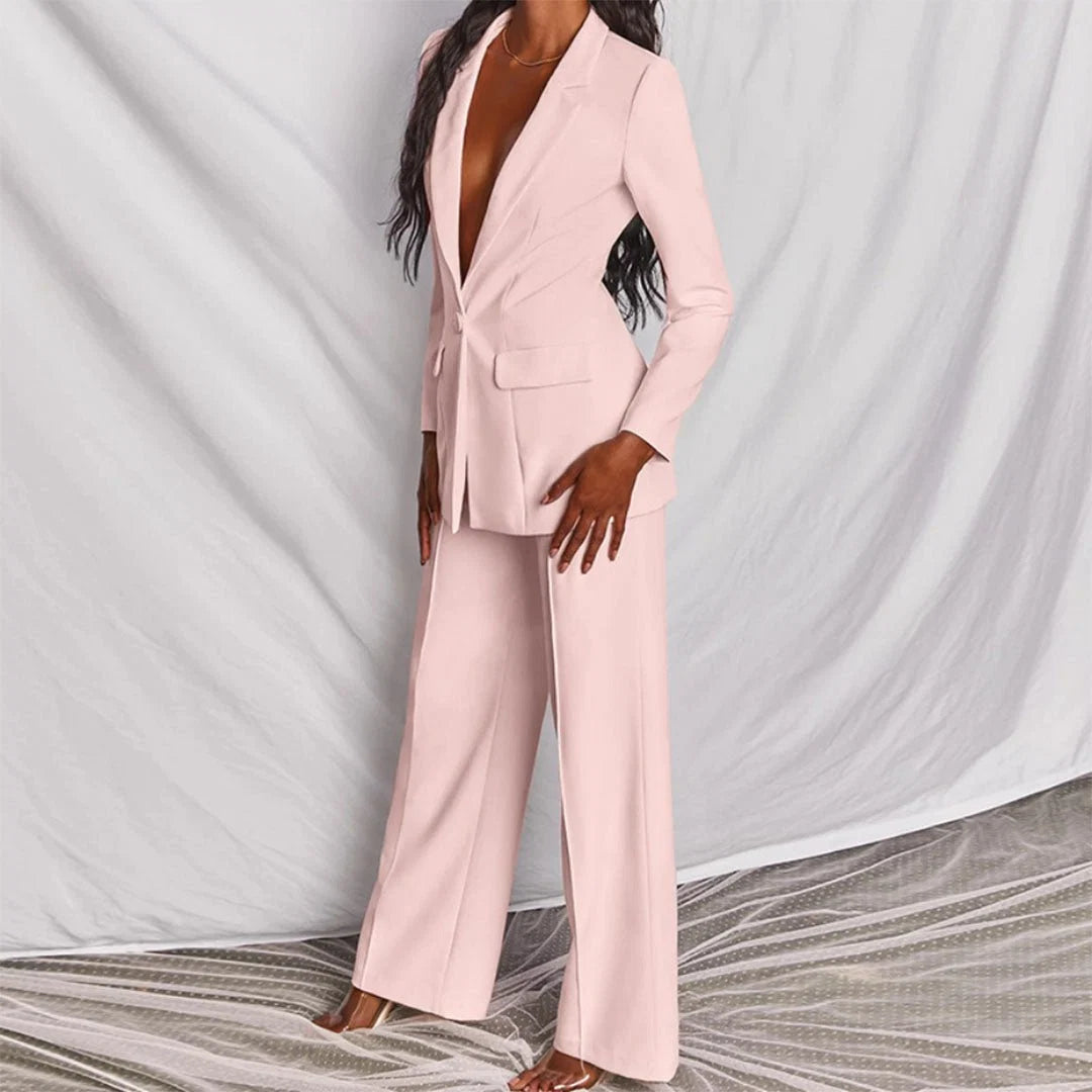 Full-length view of women's straight-leg trousers in tailored suit set