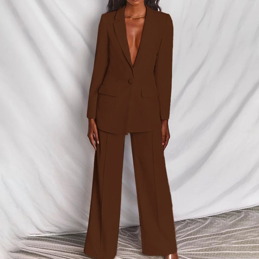 Brown women's tailored suit set with fitted blazer and matching trousers
