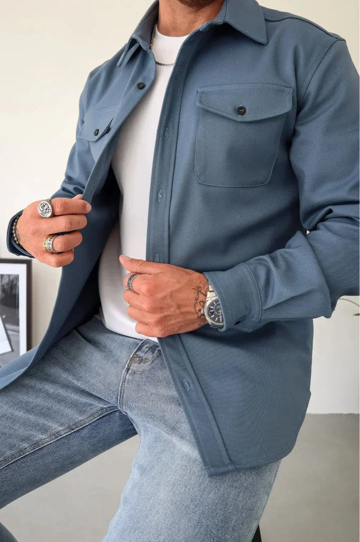 Men's casual overshirt showing chest pocket and long sleeve design for layering