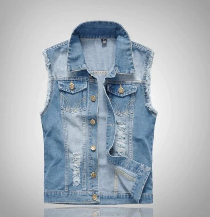 Back view of men's sleeveless denim vest showing distressed wash and seam details