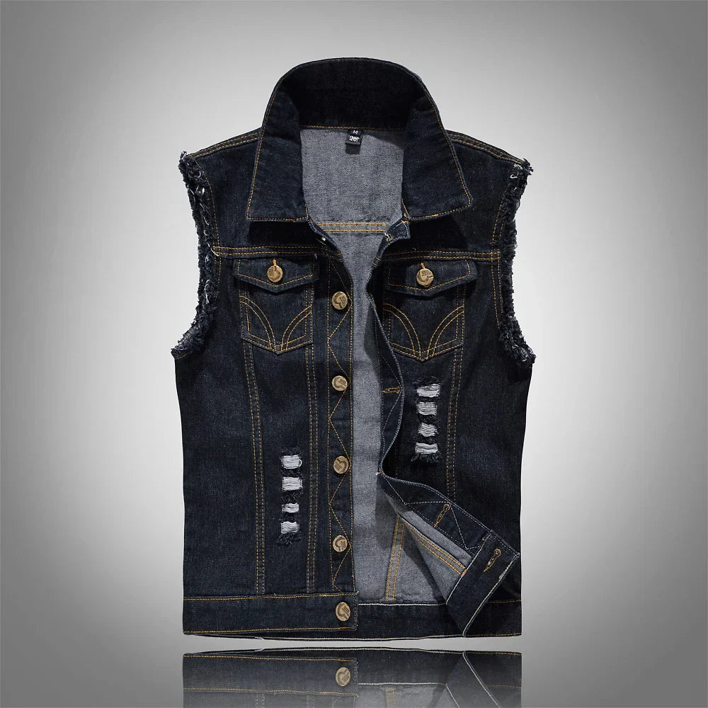 Full-length styling of men's distressed denim vest with casual street-style outfit