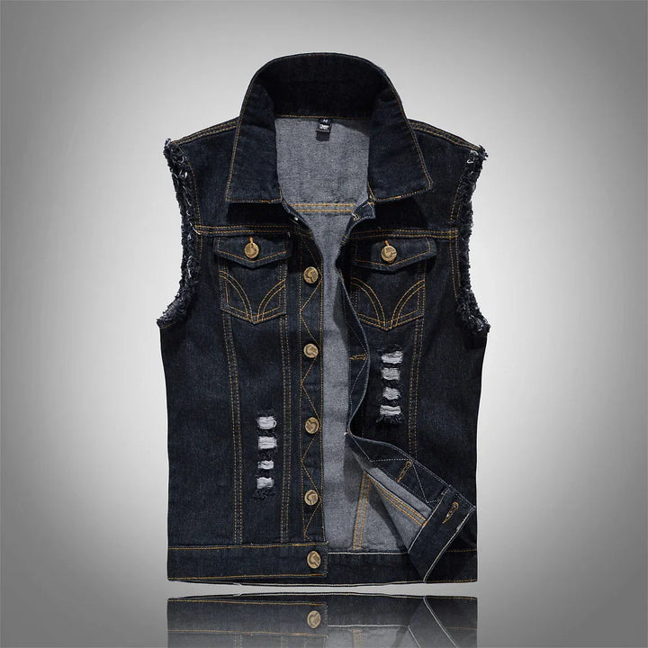Full-length styling of men's distressed denim vest with casual street-style outfit