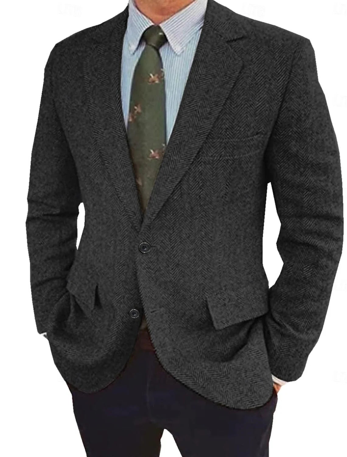 Side angle of men's regular fit herringbone blazer displaying classic tailored silhouette and flap pockets