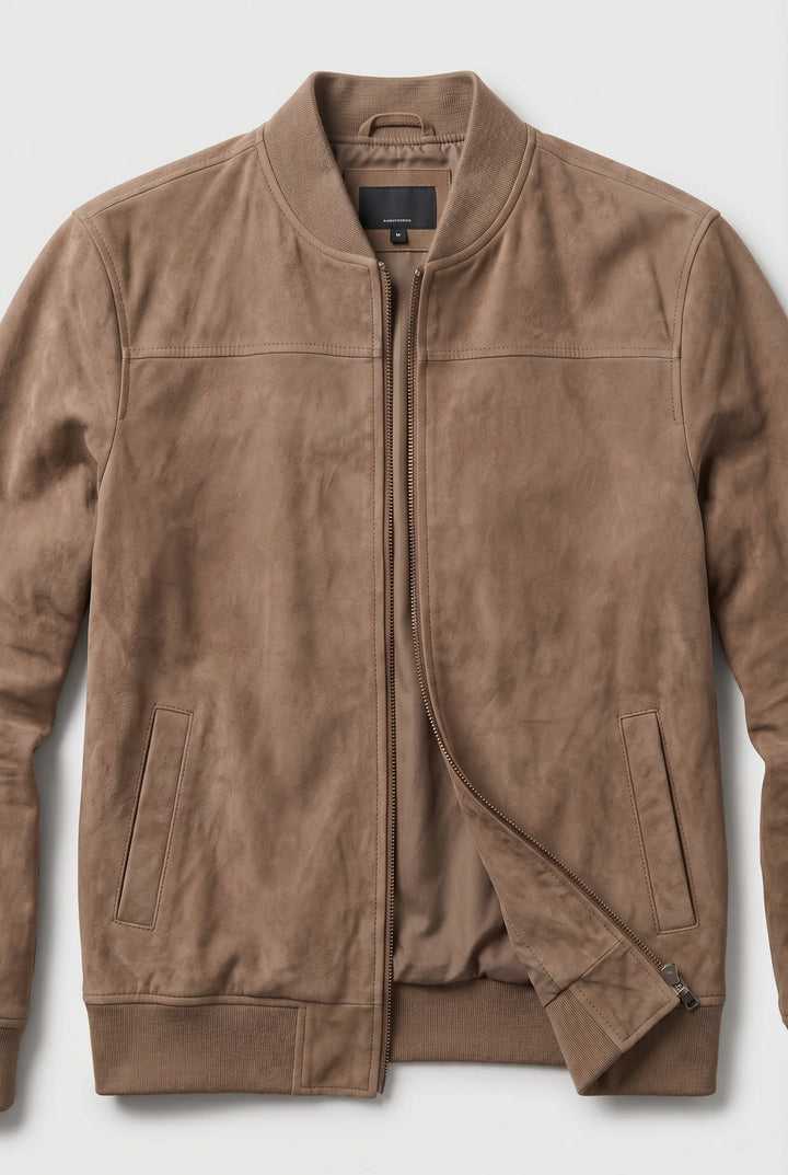 Side profile of men's suede bomber jacket displaying tailored fit and hip-length silhouette