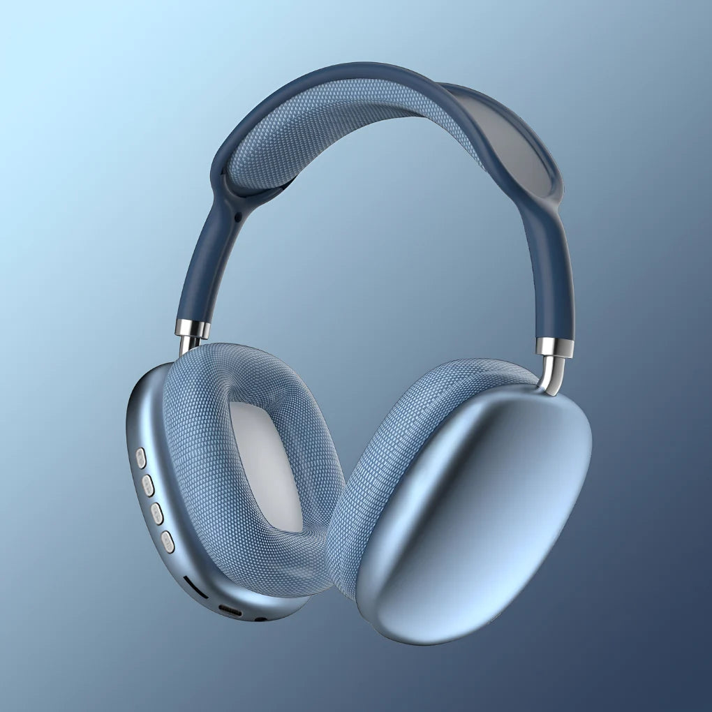 Men's wireless Bluetooth headphones in blue with cushioned over-ear design and adjustable headband for extended listening