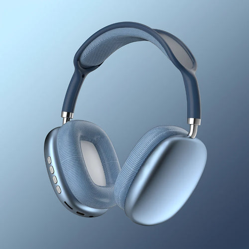 Men's wireless Bluetooth headphones in blue with cushioned over-ear design and adjustable headband for extended listening