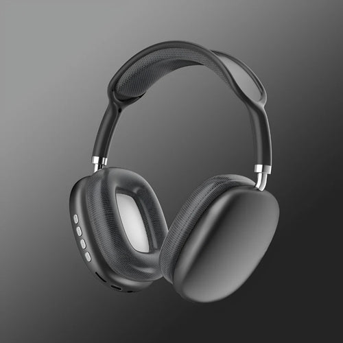 Close-up of blue over-ear wireless headphones showing mesh fabric ear pads and metallic hinge accents