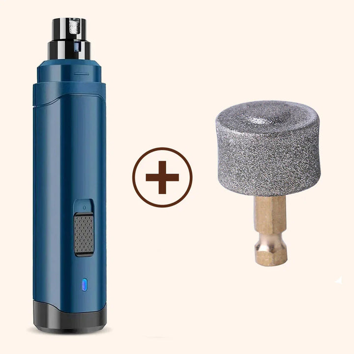 Pet nail grinder full product view showing blue body and chrome grinding attachment