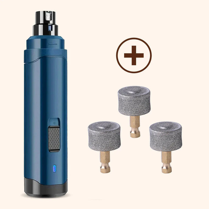 Side angle of rechargeable pet nail grinder showing textured grip panel and power button
