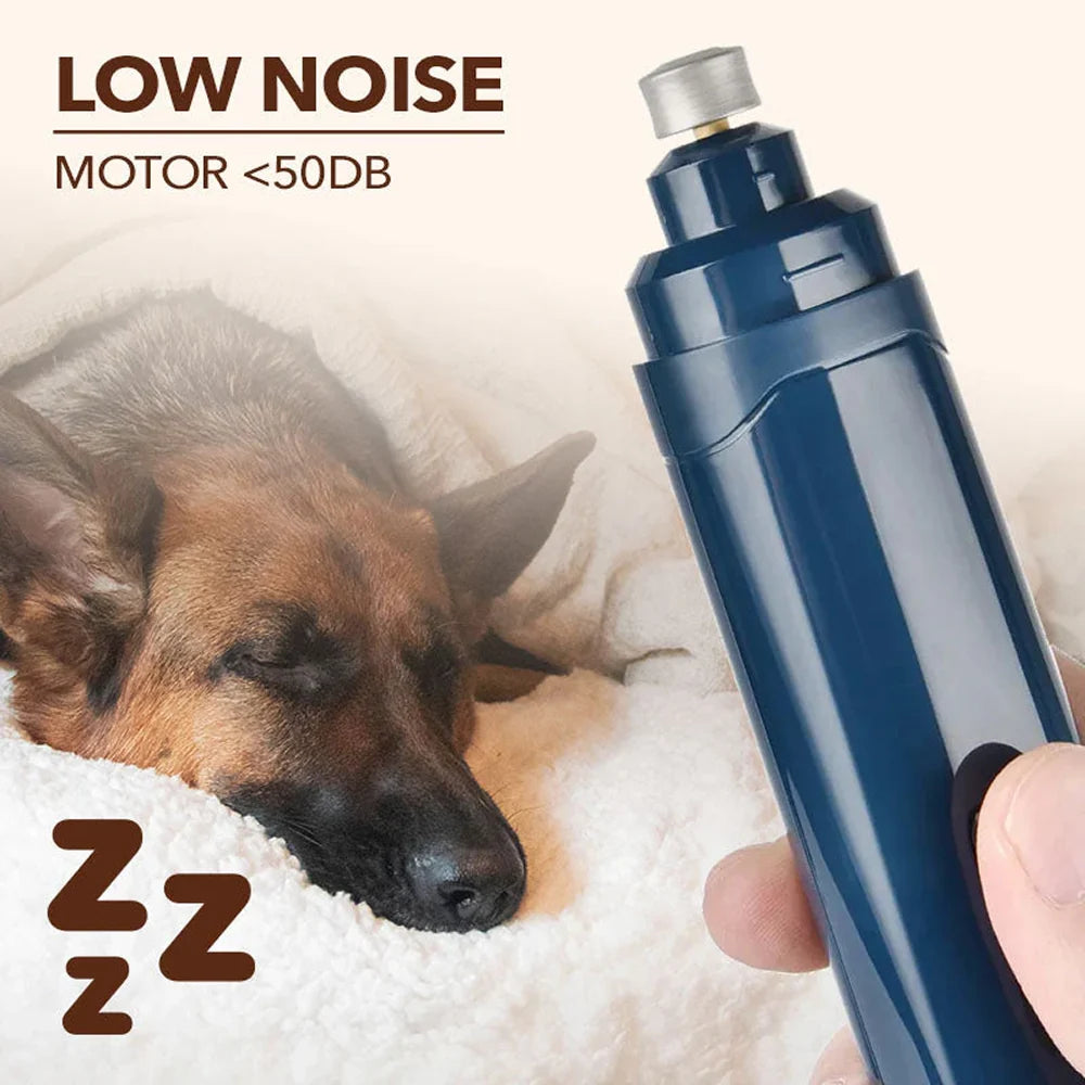 Pet nail grinder textured grip detail and illuminated power button on blue device