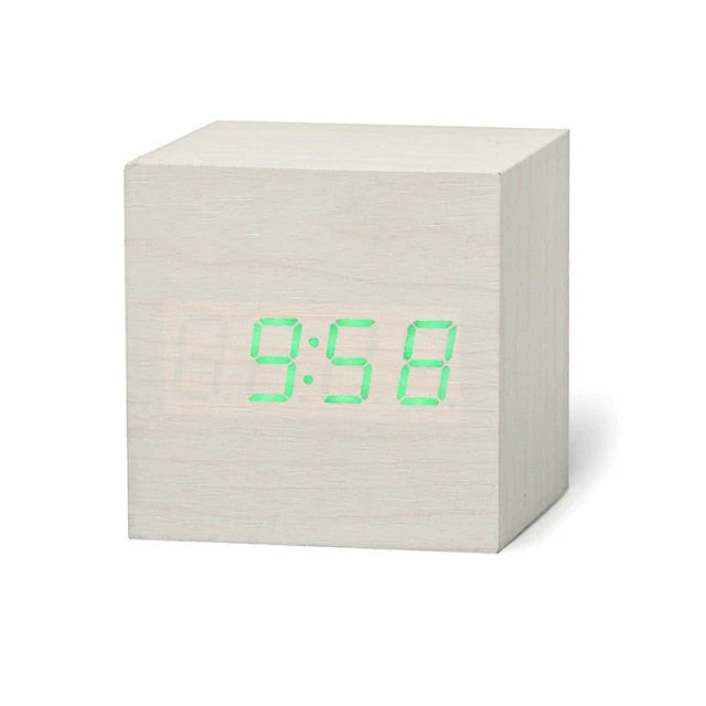 LED cube alarm clock in various colour options for desk or bedside placement