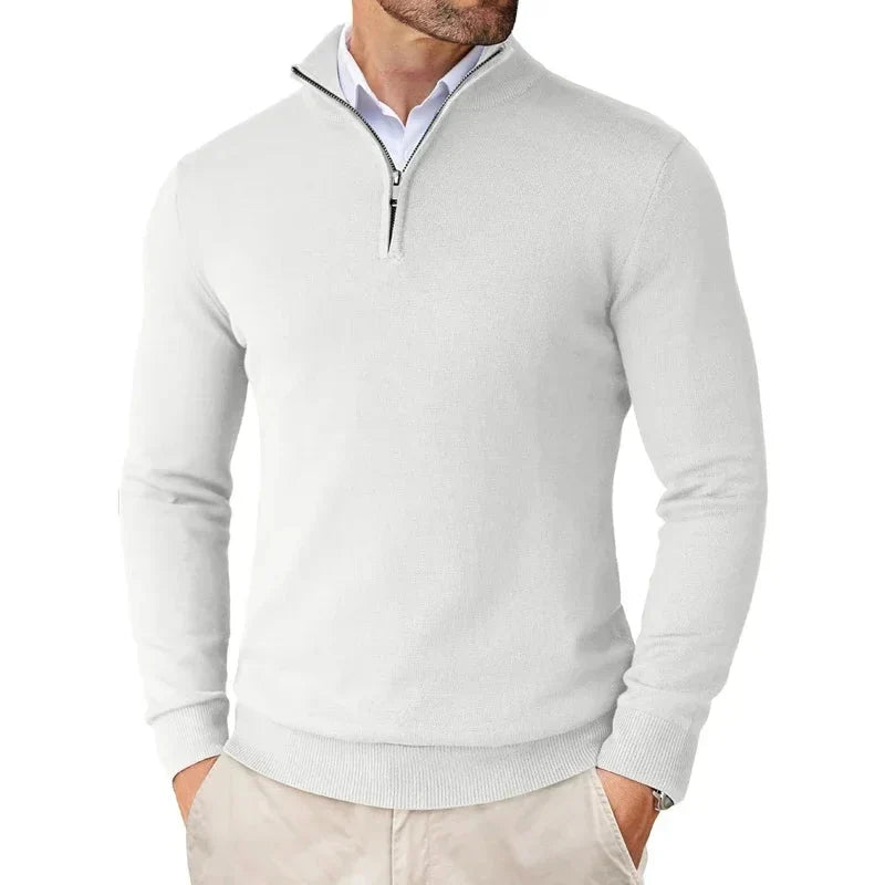 Side profile of men's half-zip jumper displaying structured knit fabric and regular fit silhouette