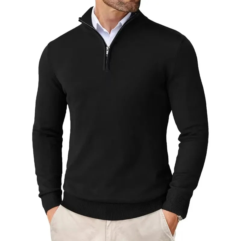 Men's half-zip jumper paired with beige chinos for smart-casual styling