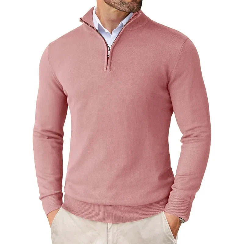 Back view of men's half-zip jumper showing ribbed hem and shoulder seam construction