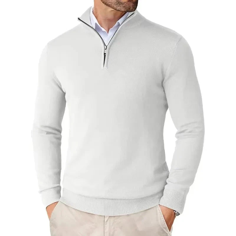 Men's half-zip jumper layered over collared shirt for office-appropriate look
