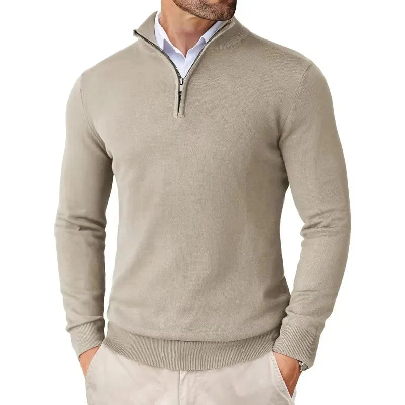 Full-length view of men's half-zip jumper demonstrating versatile layering piece for casual wear